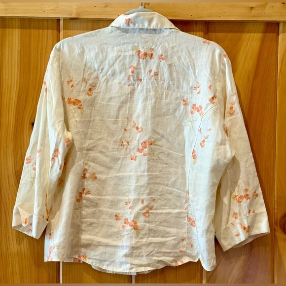 Linen Cream and Peach Floral Button-Up Blouse with Darts cuffed sleeves fitted L - Picture 2 of 7